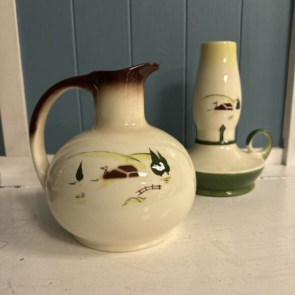 BROCK of CALIFORNIA Open Carafe Harvest Brown 7” Jug + RARE Hurricane Lamp Vtg - Picture 2 of 9